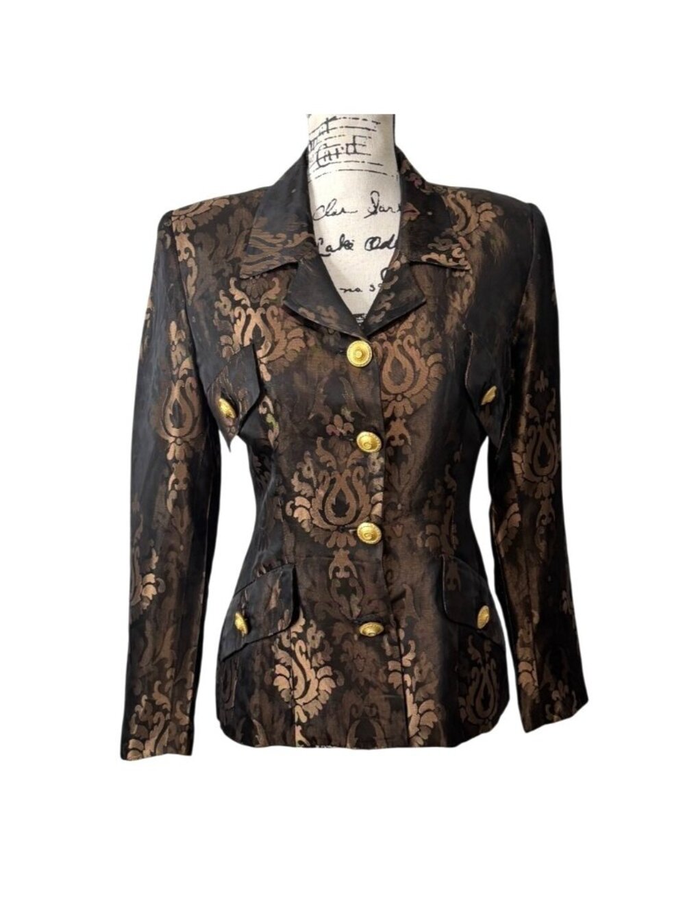 Vtg Vertigo Paris Womens Size S Blazer Bronze Black & Gold Damask Made in France